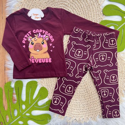Conj. Blusa Manga Longa Petit Capybara e Calça Legging - Bordo